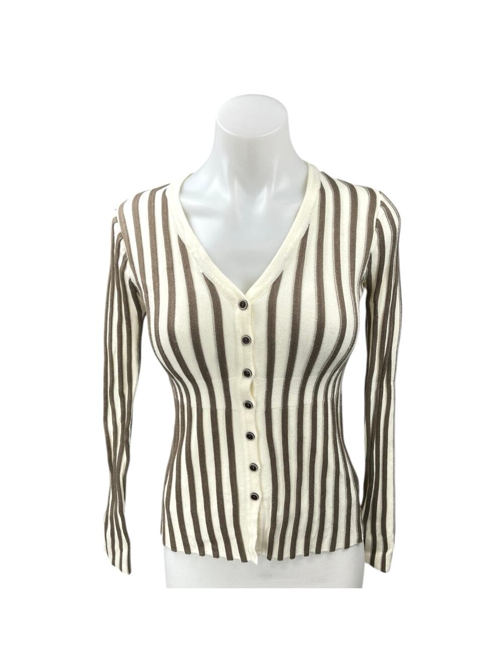 Commense Tan White Striped Knit Button V-Neck Long Sleeve Cardigan Sweater Top S